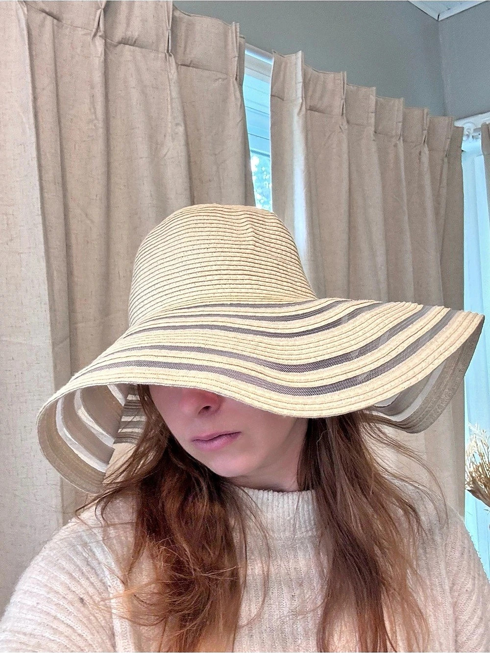 Striped Floppy Sun Hat in Beige & Black